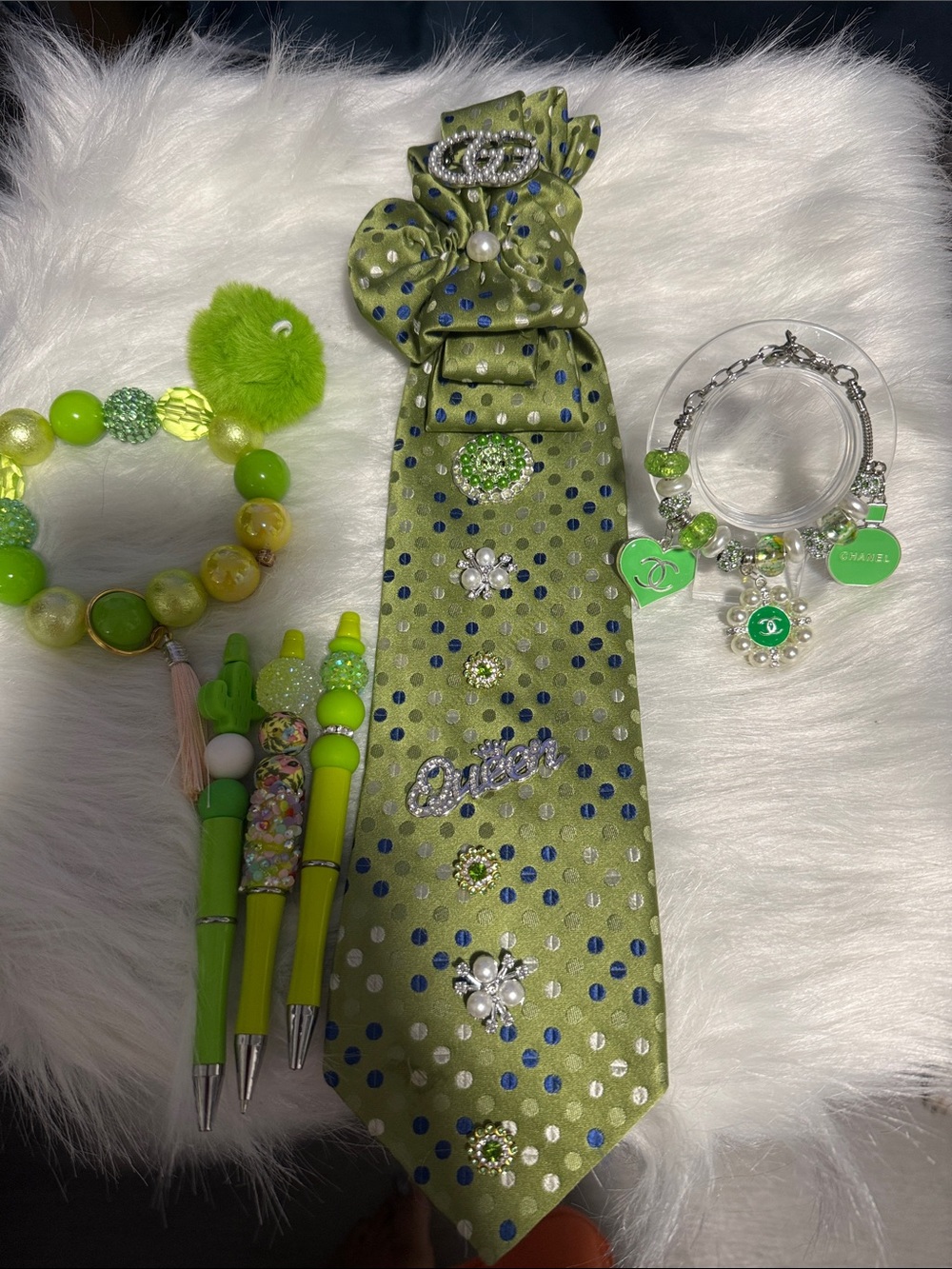 Green Embellished Junk Necktie with Charms - Brand: